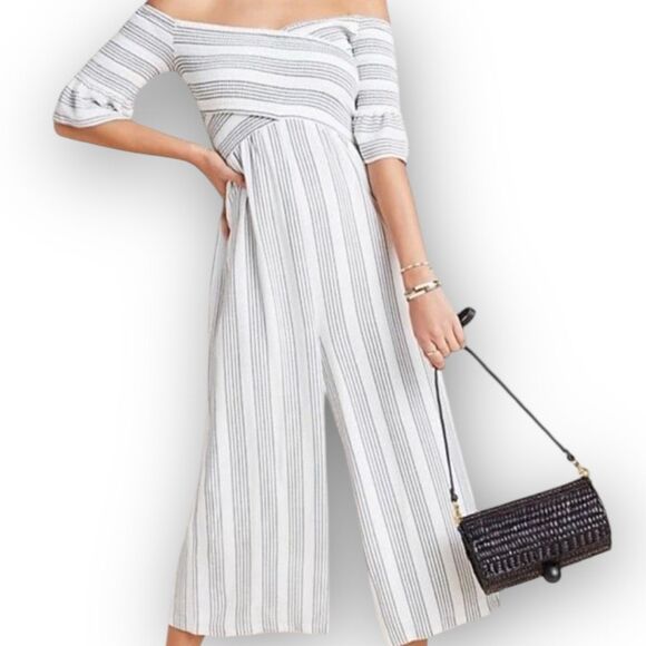 Anthropologie Ali & Jay Jumpsuit Romper Gray White Stripe Smocked Women’s Medium - Picture 12 of 12